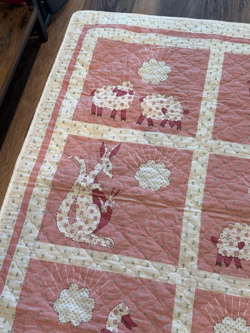 1985 Speigel Fabrics Baby Quilt Fabric Panel Crib Size Pink Kangaroo/Goose/Sheep